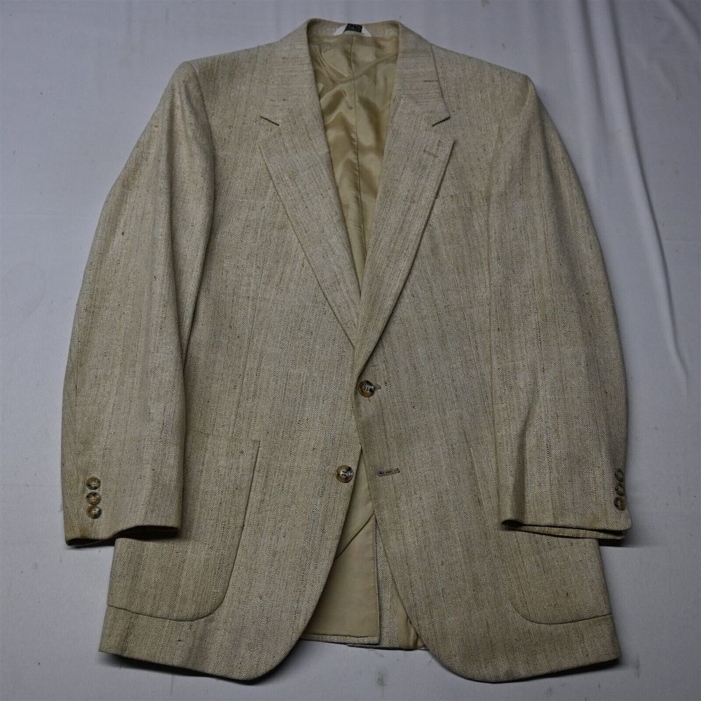 Vtg Bespoke USA‎ Made 40L Beige Ivory Silk Tweed Mens Blazer Sport Coat Jacket